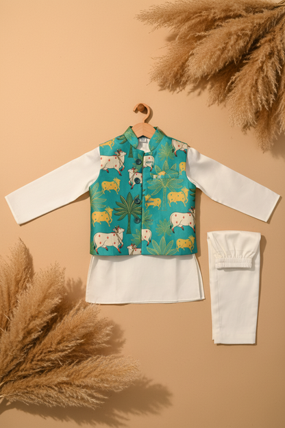 MOO AND MEADOW PRINTED BUNDI WITH KURTA PAJAMA SET