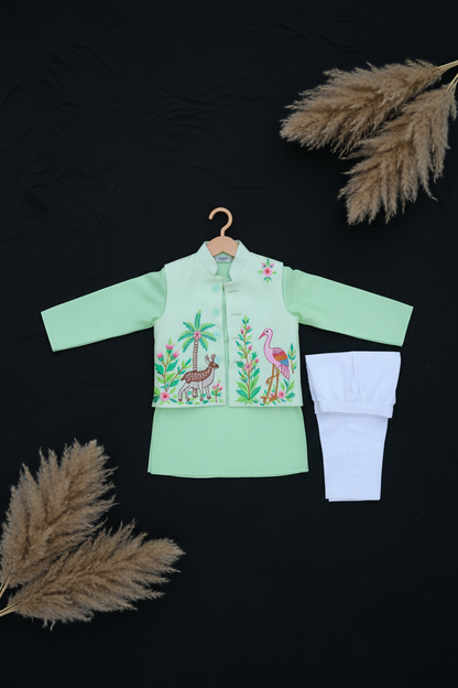 GARDEN OF WONDERS EMBROIDERED BUNDI WITH GREEN KURTA & WHITE PAJAMA SET