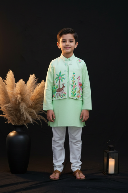 GARDEN OF WONDERS EMBROIDERED BUNDI WITH GREEN KURTA & WHITE PAJAMA SET