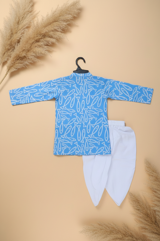 SARDIN BLUE PRINTED FULL SLEEVE KURTA & DHOTI SET