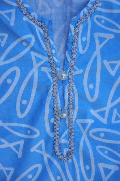 SARDIN BLUE PRINTED FULL SLEEVE KURTA & PAJAMA SET
