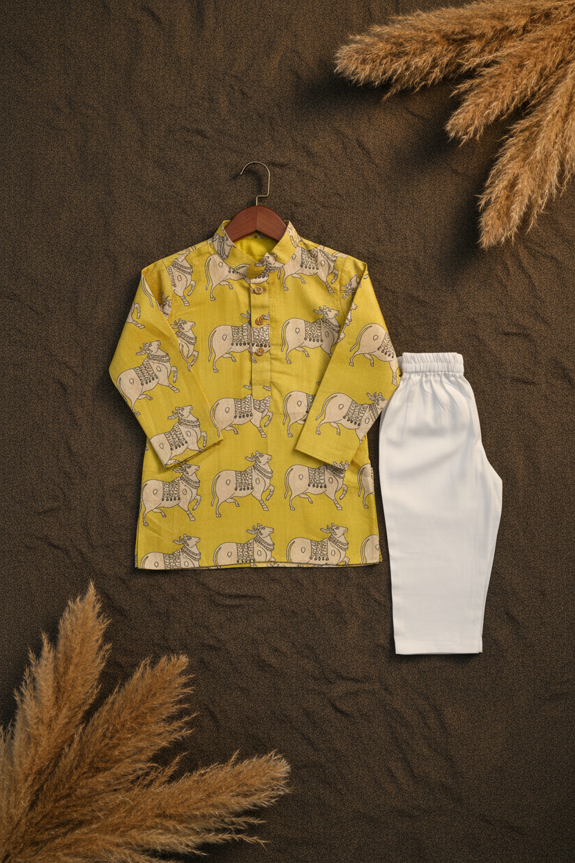 GOLDEN PICHWAI HERITAGE PRINTED KURTA WITH WHITE PAJAMA