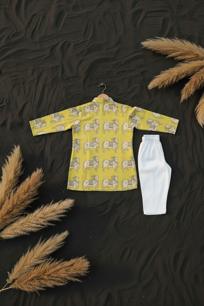 GOLDEN PICHWAI HERITAGE PRINTED KURTA WITH WHITE PAJAMA