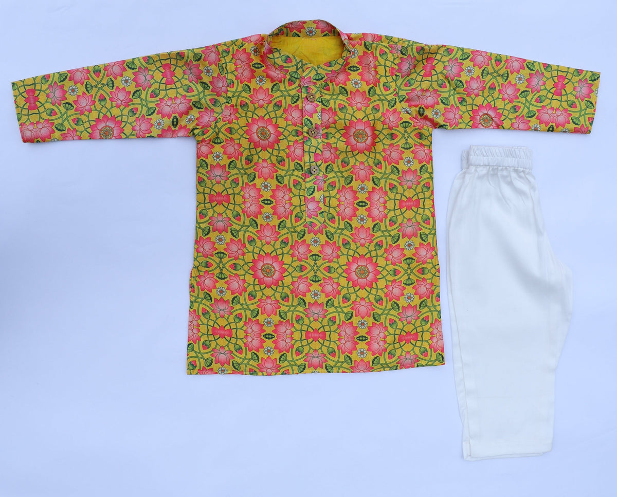 SAFFRON BLOSSOM PRINTED KURTA WITH WHITE PAJAMA