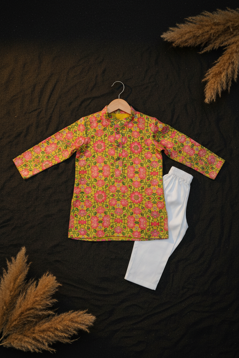 SAFFRON BLOSSOM PRINTED KURTA WITH WHITE PAJAMA