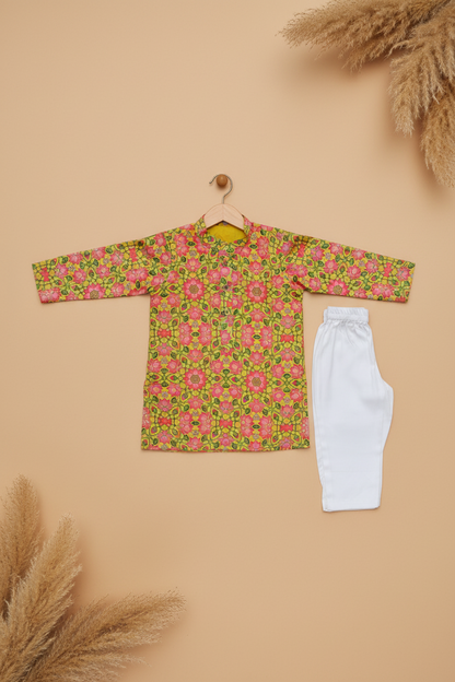 SAFFRON BLOSSOM PRINTED KURTA WITH WHITE PAJAMA
