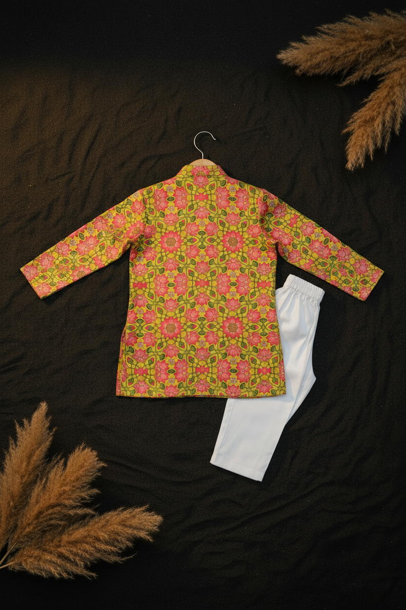 SAFFRON BLOSSOM PRINTED KURTA WITH WHITE PAJAMA