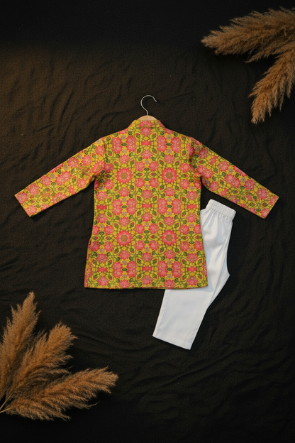 SAFFRON BLOSSOM PRINTED KURTA WITH WHITE PAJAMA