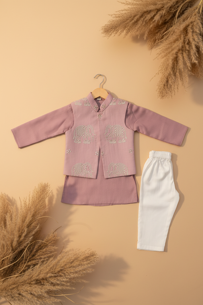 ROYAL GRACE EMBROIDERED  BUNDI WITH LIGHT PURPLE KURTA & WHITE PAJAMA