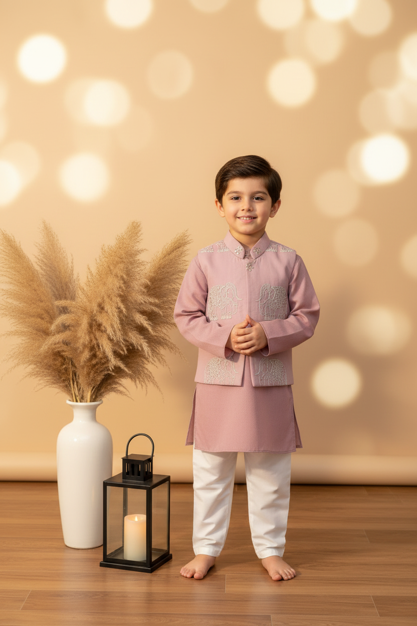 ROYAL GRACE EMBROIDERED  BUNDI WITH LIGHT PURPLE KURTA & WHITE PAJAMA