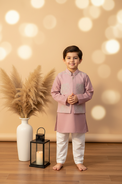 ROYAL GRACE EMBROIDERED  BUNDI WITH LIGHT PURPLE KURTA & WHITE PAJAMA