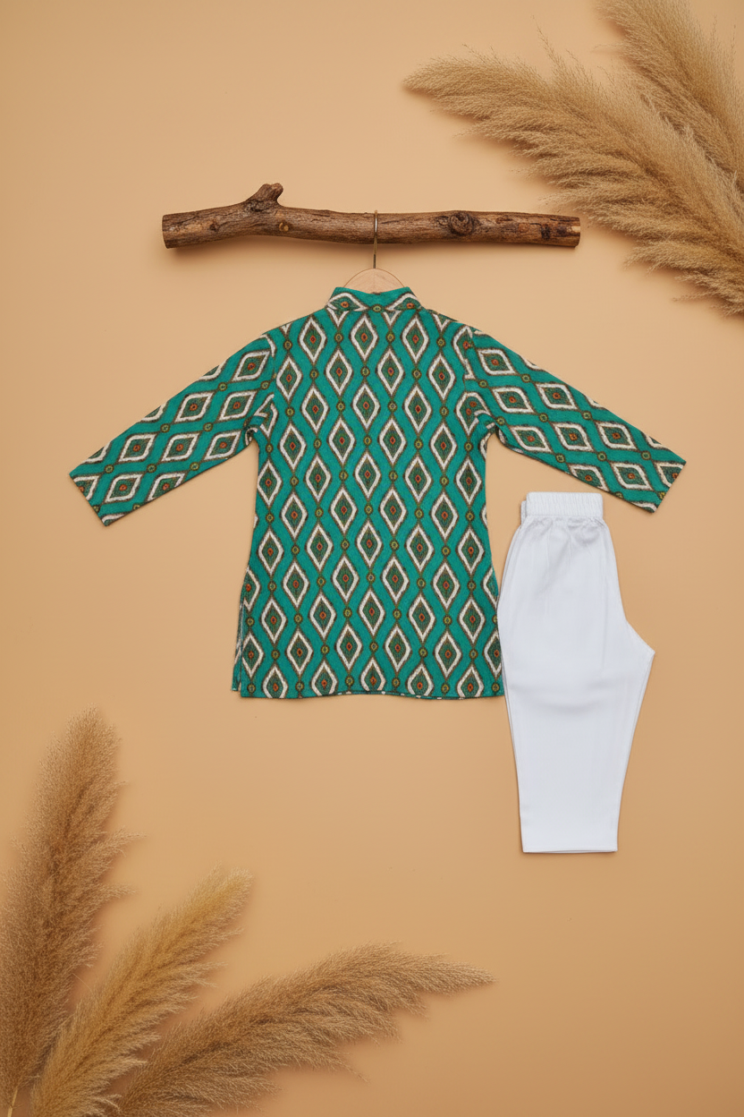 EMERALD IKAT DIAMOND PRINTED KURTA WITH WHITE PAJAMA