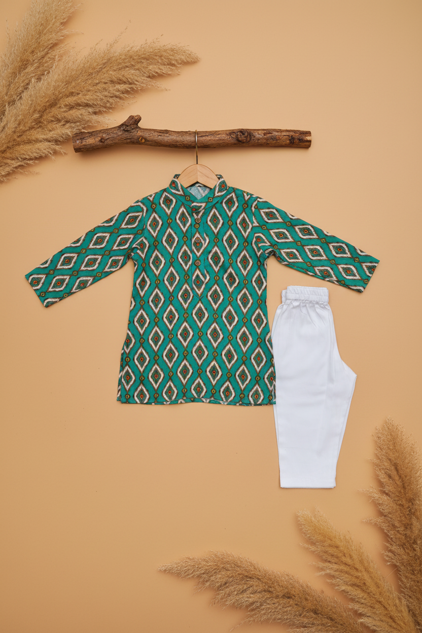 EMERALD IKAT DIAMOND PRINTED KURTA WITH WHITE PAJAMA