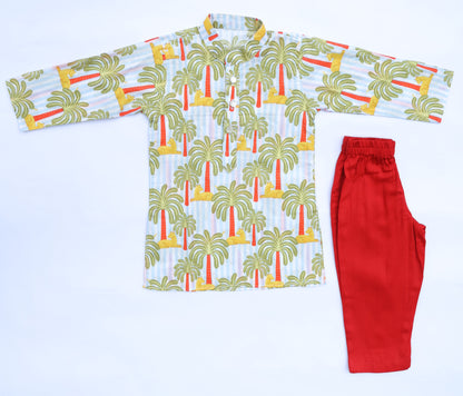 TROPICAL SAFARI PRINTED KURTA WITH RED PAJAMA