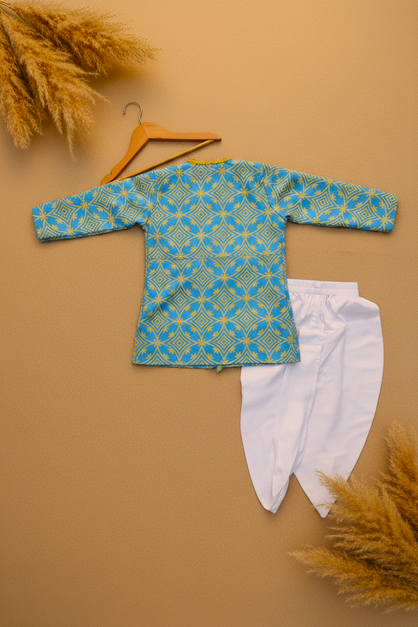AZURE GOLD ANGRAKHA PRINTED KURTA WITH WHITE DHOTI