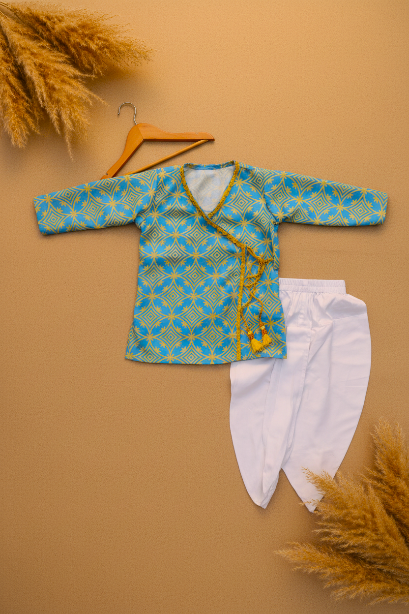 AZURE GOLD ANGRAKHA PRINTED KURTA WITH WHITE DHOTI