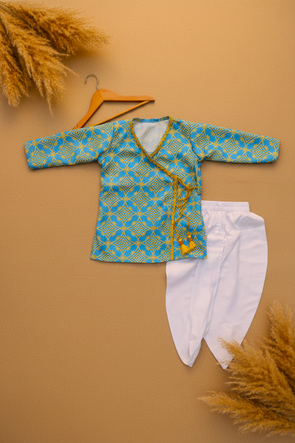 AZURE GOLD ANGRAKHA PRINTED KURTA WITH WHITE DHOTI