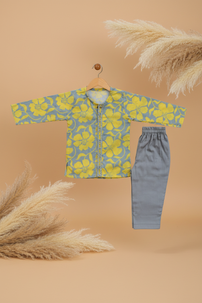 GOLDEN BLOOM PRINTED KURTA WITH GREY PAJAMA