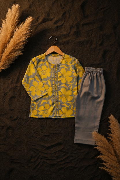 GOLDEN BLOOM PRINTED KURTA WITH GREY PAJAMA