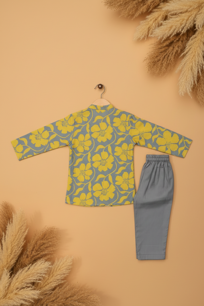 GOLDEN BLOOM PRINTED KURTA WITH GREY PAJAMA
