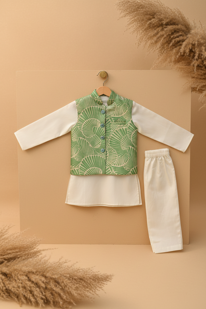 EMERALD CANOPY BUNDI WITH CREAM KURTA & PAJAMA