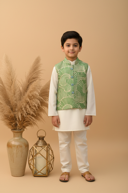 EMERALD CANOPY BUNDI WITH CREAM KURTA & PAJAMA