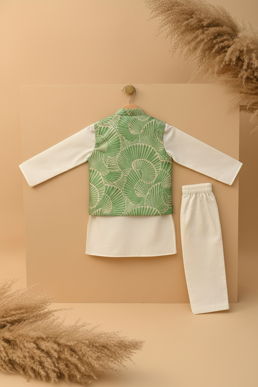 EMERALD CANOPY BUNDI WITH CREAM KURTA & PAJAMA