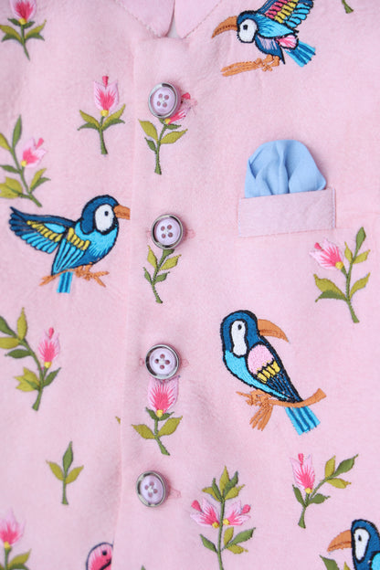 BLUSH AVIARY EMBROIDERY BUNDI WITH MIST BLUE KURTA & PAJAMA SET