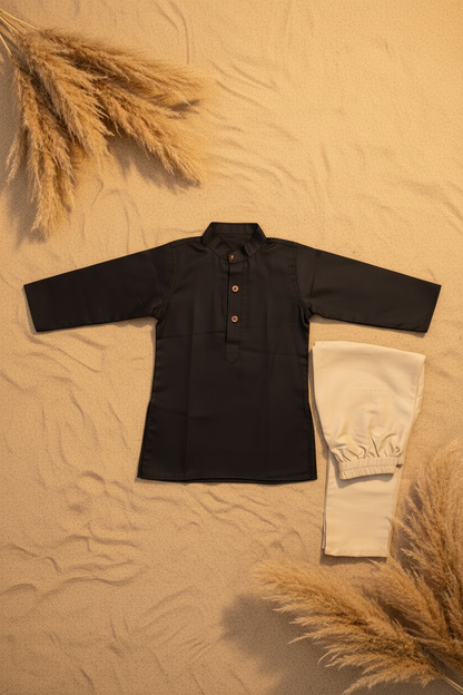 MIDNIGHT MAJESTY BUNDI WITH BLACK KURTA & BEIGE PAJAMA