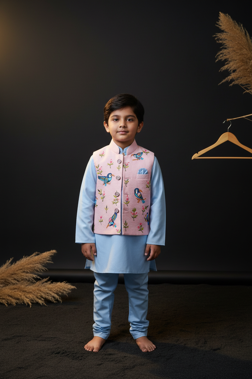 BLUSH AVIARY EMBROIDERY BUNDI WITH MIST BLUE KURTA & PAJAMA SET