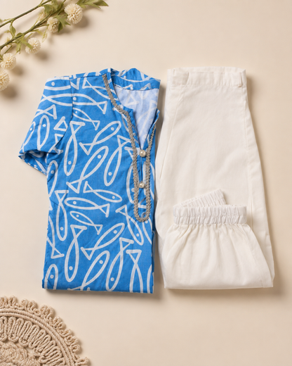 SARDIN BLUE PRINTED FULL SLEEVE KURTA & PAJAMA SET