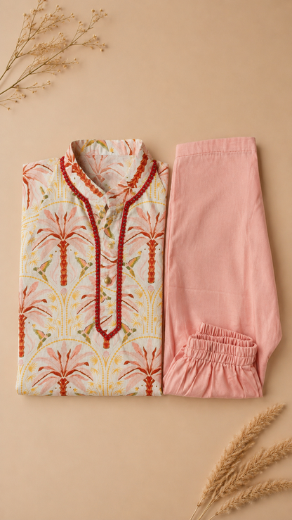 CORAL GARDEN PRINTED FULL SLEEVE KURTA & PAJAMA SET