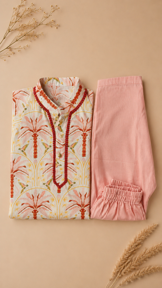CORAL GARDEN PRINTED FULL SLEEVE KURTA & PAJAMA SET