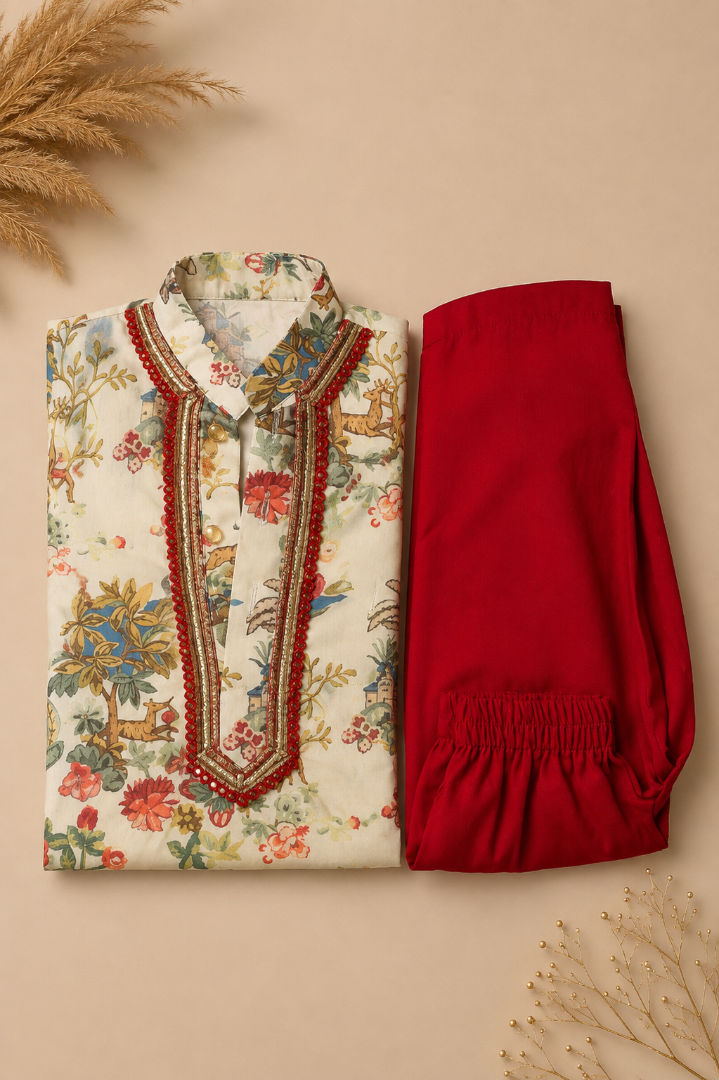 WOODLAND BLOOM PRINTED FULL SLEEVE KURTA & PAJAMA SET